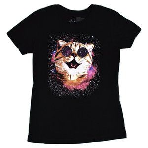 A-Lab Womens Galaxy Space Cat Kitten Wearing Sunglasses Black T-Shirt New